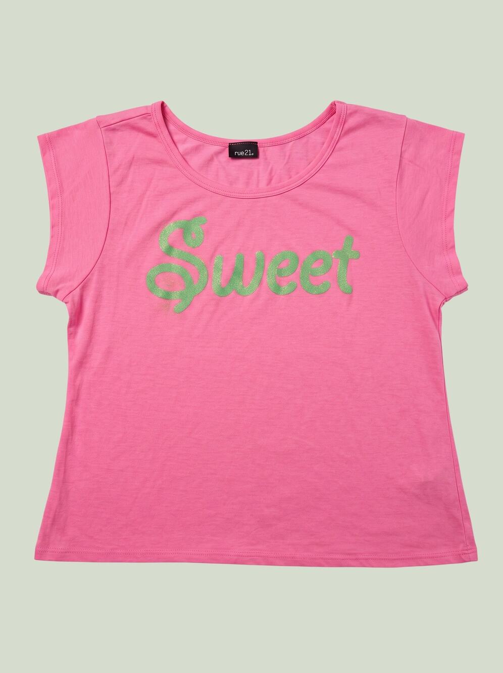 rue21 Bright Pink and Green Sweet T-Shirt 2000s Aesthetic Cap Sleeve